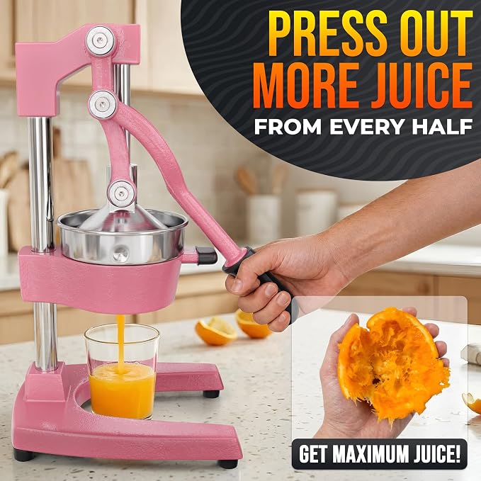 Cast Iron Juicer Hand Press, Heavy-Duty Squeezer, 304 Stainless Steel Bowl – One Pull Extracts Full Juice – Manual Citrus Press Juicer & Orange Squeezer for Lemon, Lime & Lemonade at Home Bar (Pink)