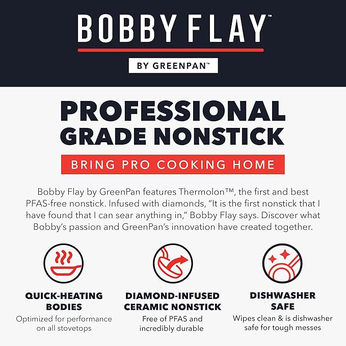GreenPan x Bobby Flay 2 Piece- 8” and 10” Nonstick Frying Pan Skillet Set, PFAS-Free Diamond Ceramic, Induction Suitable, Stay-Cool Silicone Handle, Easy Clean Dishwasher & Oven Safe, Graphite