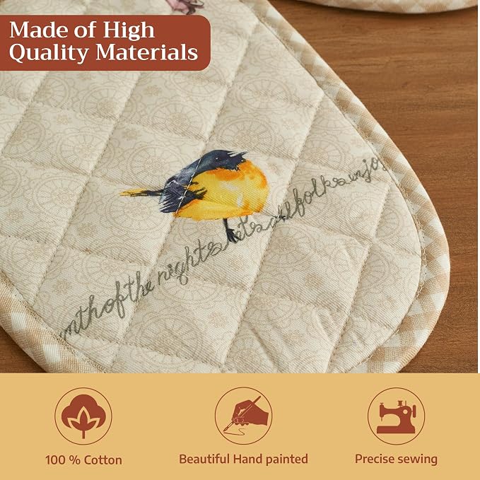 Maison d' Hermine Double Oven Mitts 100% Cotton Double Oven Glove (7"x35") | Heat Resistant BBQ Cooking Gloves with Loop Baking Grilling Kitchen Hotel Home Farmhouse Spring Summer - Birdies on Wire