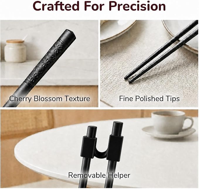 Fiberglass Training Chopsticks Set of 8 Pairs, Chop Sticks Reusable Dishwasher Safe with Chopsticks Helper for Beginners Kids&Adults, Non-Slip Durable Black Chopsticks for Sushi/Noodles/Daily Use