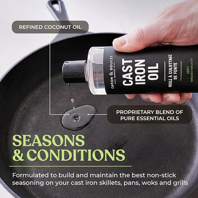 CARON & DOUCET - Ultimate Cast Iron Set: Seasoning Oil, Cleaning Soap & Restoring Scrub | 100% Plant-Based & Best for Cleaning Care, Washing, Restoring & Seasoning Skillets, Pans & Grills!