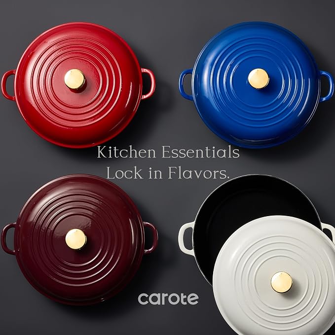 CAROTE 3.4QT Enameled Cast Iron Braiser Pan, Shallow Dutch Oven Casserole Skillets, Non-Toxic Cast Iron Pot with Lid for Grilling, Searing, Baking, Dual Handles, All Stovetop Compatible, Fig