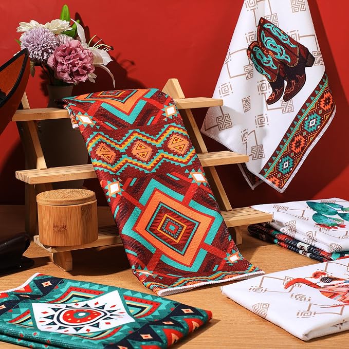 Boyiee Set of 6 Southwestern Kitchen Towels Boho Aztec Theme Dishcloth | Native American Hand Tea Towels 24 x 16 Inches for Absorbent Kitchen Decor with Hanging Loop for Room Home Housewarming Gift
