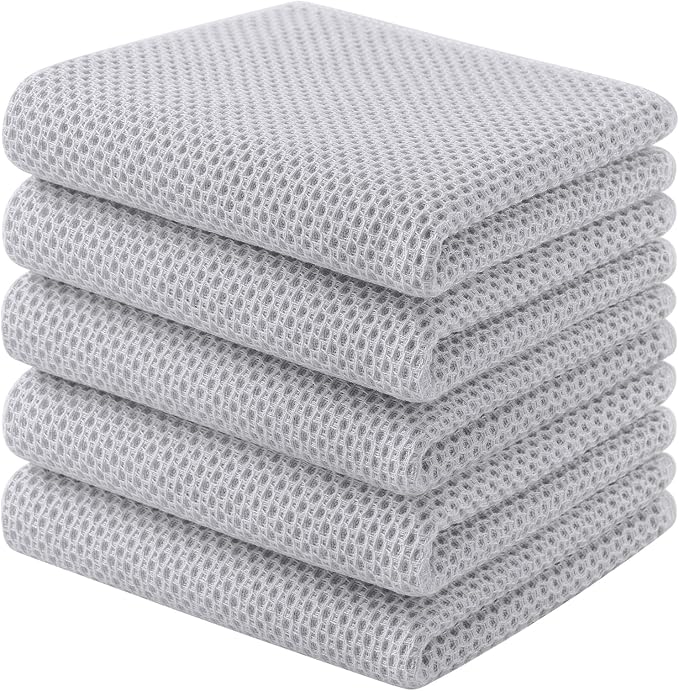 Homaxy 100% Cotton Waffle Weave Kitchen Towels, 5-Pack, Light Gray | 13 x 28 Inches, Ultra Soft Absorbent Dish Towels, Quick Drying Cleaning Towels