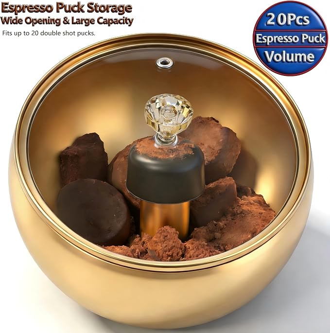 Upgraded Stainless Steel Espresso Knock Box Coffee Knock Box with Glass Lid and Magnetic Removable Knock Bar, Holds 20Double Espresso pucks & Coffee Grounds (GOLD)