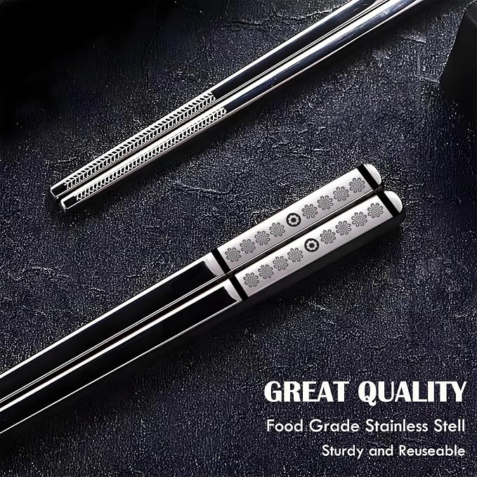 Metal Chopsticks Reusable,Stainless Steel,Dishwasher Safe,5 Pairs,Silvery | Gift Box Set,Square,Lightweight, Non-Slip,Laser Engraved Patterns No fade