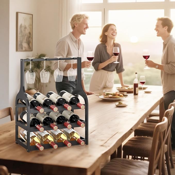 Bamboo Wine Rack Countertop, Small Free Standing Racks Tabletop Display | 12 Wine Bottles and 4 Glass Holder | Wooden Wine Storage Organizer Shelves for Kitchen Bar, Cellar, & Dining Room | Black