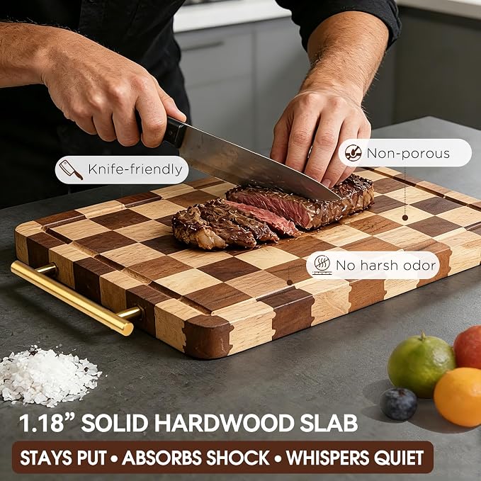 Checkered Cutting Board for Kitchen – 13.7"x9.8"x1.18" Rubber Wood Butcher Block with Juice Groove & Steel Handle, Heavy Duty Non-Slip Chopping Board for Charcuterie, Housewarming Gift