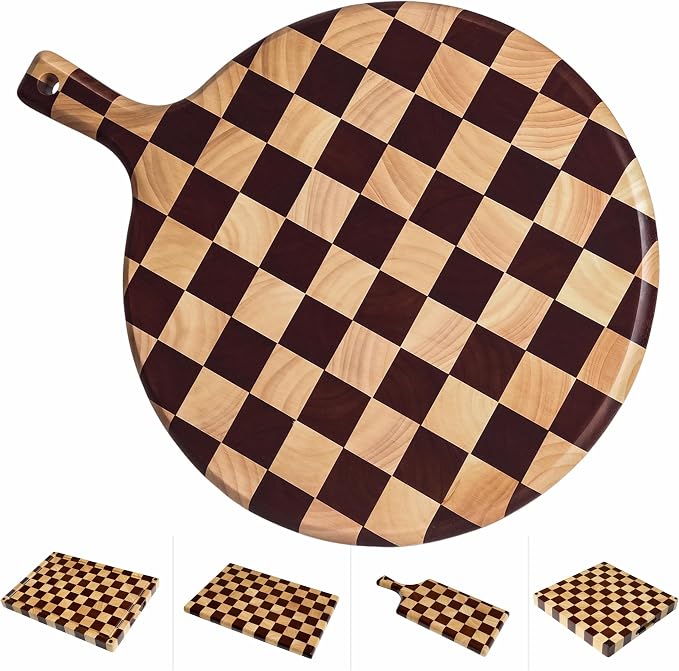 Checkered Pizza Cutting Board with Handle | 17" x 13" x 1" Thick | Acacia & Rubber Wood | Cheese & Charcuterie Serving Board | Bread, Meat & Pizza