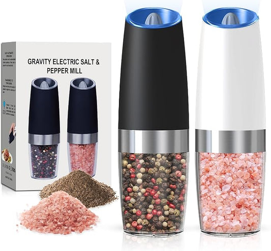 Battery Operated Salt And Pepper Grinder Set with LED Light, Automatic Electric Gravity Salt And Pepper Shakers Set, Each 6 AAA Batteries Needed, Adjustable Roughness, 2 Pack (Black+White)