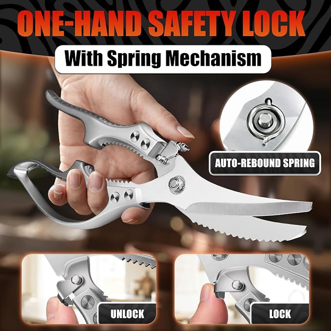 Stainless Steel Poultry Shears, Hardened Blades, Safety Lock | Heavy Duty Kitchen Shears for Food with Nutcracker and Fish Descaler; Spring-Loaded to Cut Chicken, Turkey, Meat and Bone