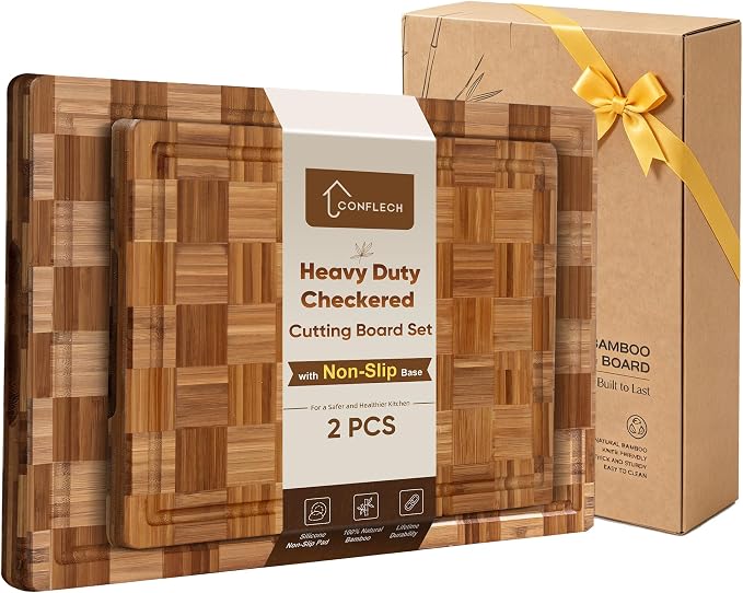 Bamboo Cutting Board Set of 2 Wooden Cutting Boards for Kitchen Wood | Heavy Duty Thick Checkered, Wooden Wood Cutting Board, Deep Juice Grooves, Non-slip Feet, 2 Pack