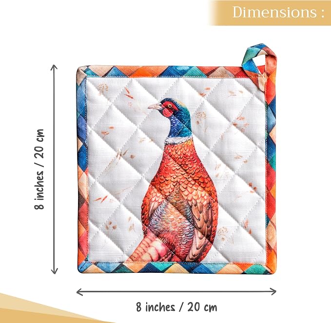 Maison d' Hermine Pot Holders 100% Cotton Potholders (8" x 8", Pack of 1) | Heat Resistant Hot Pads with Loop BBQ Cooking Baking Kitchen Handling Hot Pans Thanksgiving Christmas - Faisan D'Automne