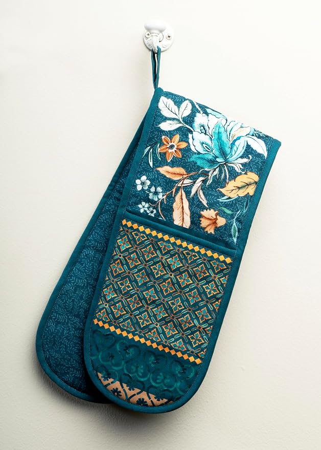 Maison d' Hermine Double Oven Mitts 100% Cotton Double Oven Glove (7"x35") | Heat Resistant BBQ Cooking Gloves with Loop Baking Kitchen Home Farmhouse Thanksgiving Christmas - Luxury Loft - Dark Teal