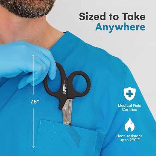 Medical Scissors, EMT and Trauma Shears - 7.5 Inch Premium Quality Stainless Steel Bandage Scissors - Fluoride-Coated with Non-Stick Blades - 1 Pack (Black/Stainless)