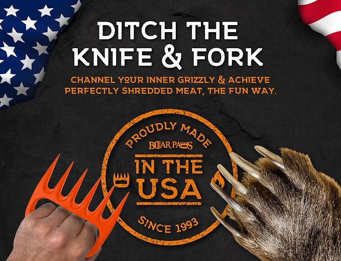 Bear Paws Meat Claws - The Original BBQ Meat Shredder Claws - Orange | Shredder Claws for Pulled Pork, USA Made - Easily Lift, Shred, Pull and Serve Pork, Chicken, Brisket and Turkey