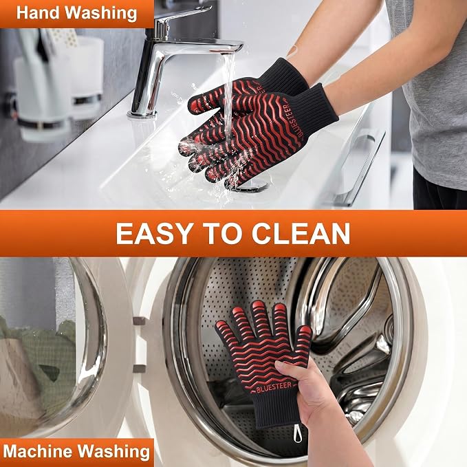 BBQ Gloves 1472°F Heat Resistant Oven Gloves with Fingers Heat Proof Grill Gloves Non-Slip Silicone Oven Mitts for Kitchen Cooking Grilling Baking Smoking