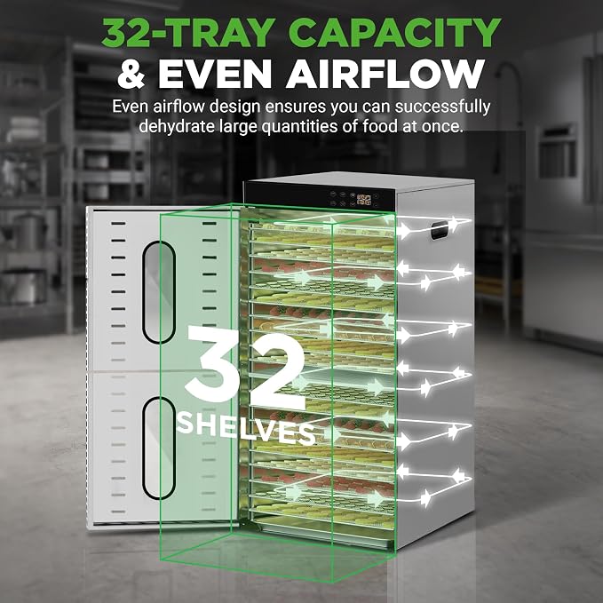 NutriChef 32 Layer & 2 Chamber Commercial Food Dehydrator Machine - Stainless Steel Trays, Digital Timer and Temperature Control, Ideal for Jerky Meat, Fruit, Pet Treats, Vegetables, and Herbs