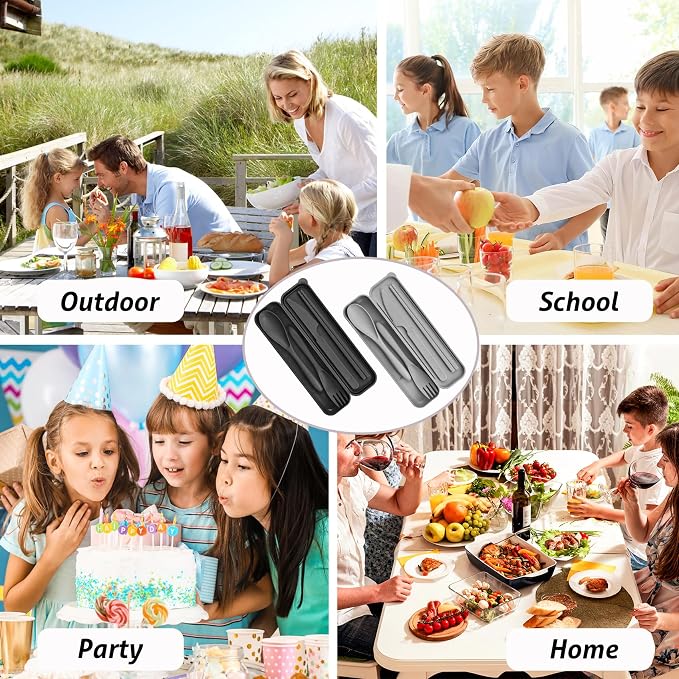 2 Sets Plastic Reusable Utensils Set with Case, Travel Chopsticks Fork Spoon Knife Set for Lunch Box, Portable Cutlery Sets for Travel Camping Daily Use (Black, Grey) | Plastic, Black and Grey, Chopsticks Fork Spoon Knife Set with Lunch Box, For Campin...