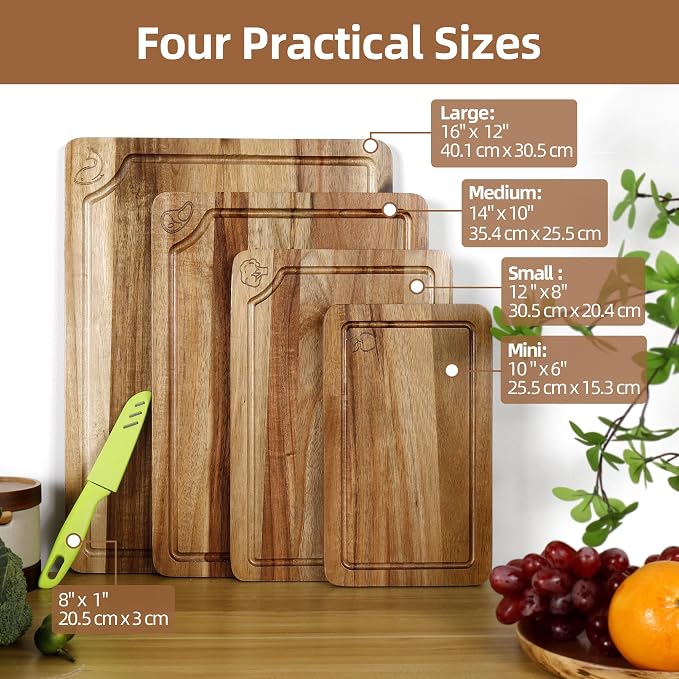 Labeled Cutting Board Set of 4, Wood Chopping Boards with Food Icons | Charcuterie Board Serving Tray with Juice Groove & Handles, Ideal for Meat, Vegetables, Fruits, Cheese