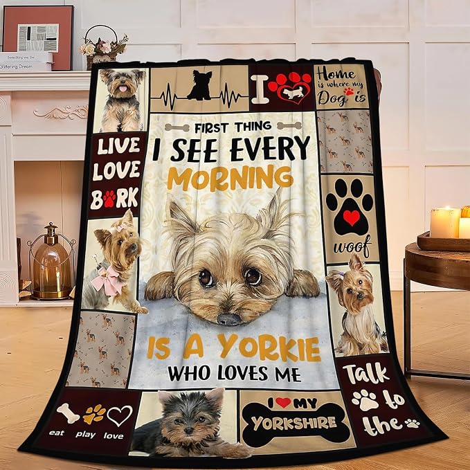 Funny Dog Blanket Soft Cute Kawaii Yorkshire Terrier Dog Plush Throw Blanket Cozy Lightweight Flannel Stuff Decor Fleece Blanket Gifts for Lovers Girls Boys Kids Adults Women Bed Travel 60"x80"