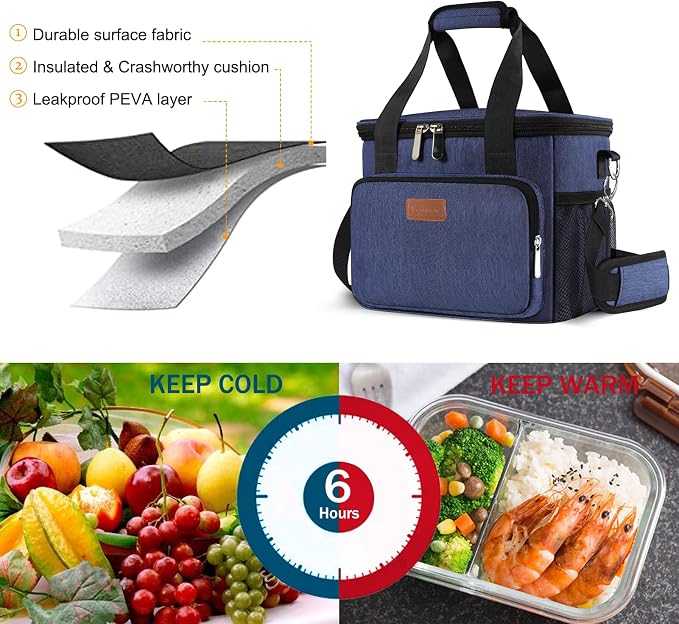 Lunch Bags for Women/Men, Insulated Lunch Bag for Work Office Picnic - Large Lunch Cooler Bag Leakproof Lunch Box with Adjustable Shoulder Strap for Adults - Blue(15L)