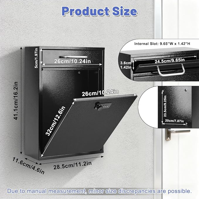 KYODOLED Wall Mount Mailbox for Outside, Combination Lock, X Large, Black | Sturdy Steel, Anti-theft Large Drop Box, Ideal for Home, Office, School Daily Mail/Key/Cash Storage, 16.2H" x 11.2L" x 4.6W"