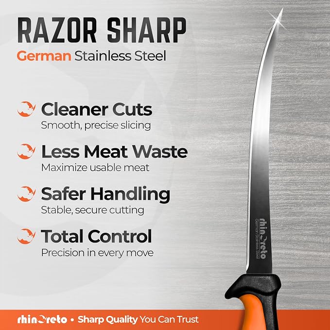 Rhinoreto Fillet Knife for Fish - Razor Sharp G4116 German Stainless Steel Blade, 9 Inch Professional Filleting & Boning Knife with Non-Slip Handle, Protective Sheath & Sharpener