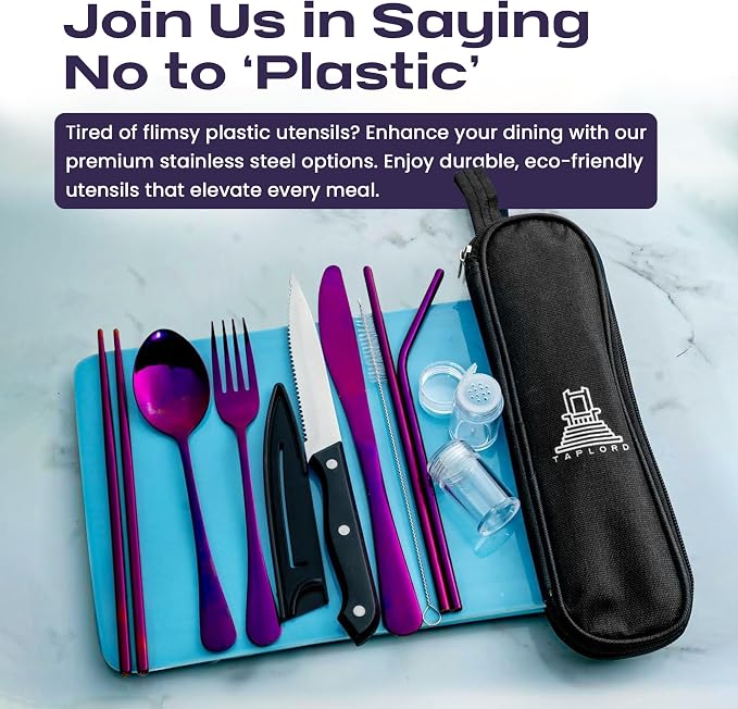 Taplord Portable Travel Silverware Set With Case, Includes 10 Pcs of Travel Utensils With Case, Stainless Steel Flatware Set For Camping, Lightweight (Purple)