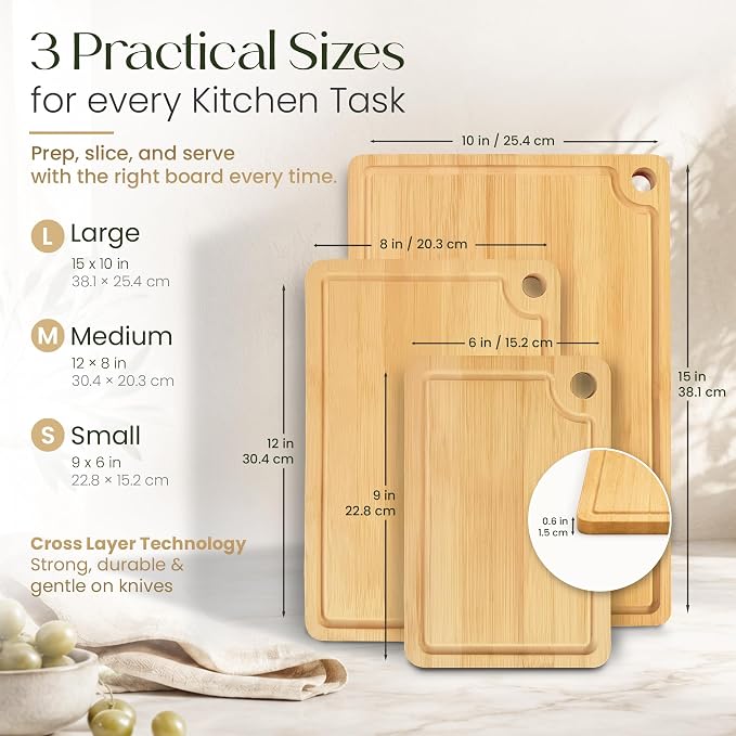 3-Piece Bamboo Cutting Boards - Groove, Handles, 15/12/9" - Natural | Bamboo boards with juice groove for prep, serving side for charcuterie