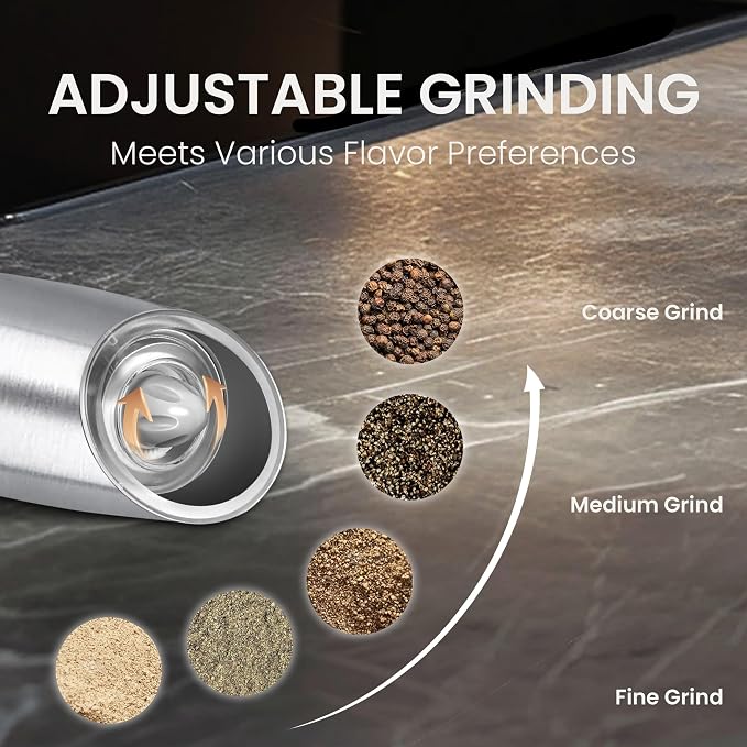 Battery Operated Salt And Pepper Grinder with LED Light, Automatic Electric Gravity Salt And Pepper Shakers, Each 6 AAA Batteries Needed, Adjustable Roughness, 1 Pack (Silver)