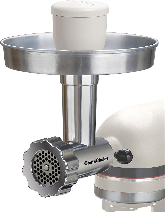 Chef'sChoice Food Grinder Attachment Premium Metal Designed for KitchenAid Stand Mixers Includes Sausage Stuffing Kit, One Size, Silver