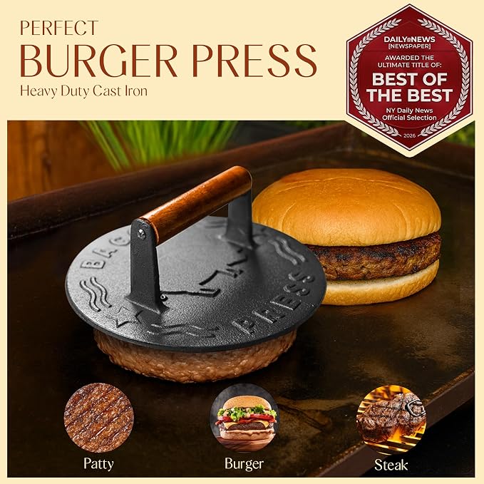 Bellemain Smash Burger Press, Grill Press, Bacon Press, Meat Press, 7 Inch | Food Grade Iron Cookware, Heavy Duty Cast Iron, 3Lbs, Equalizied Weight Distribution