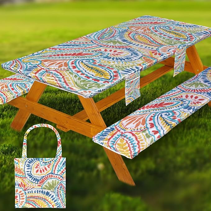 Fitted Picnic Table Cover with Bench Covers Waterproof Elastic Edges Rectangle Patio Tablecloth Outdoor Camping Essentials Stuff Rv Accessories Summer Trip Travel Supplies Party Camper Gifts, 8 ft