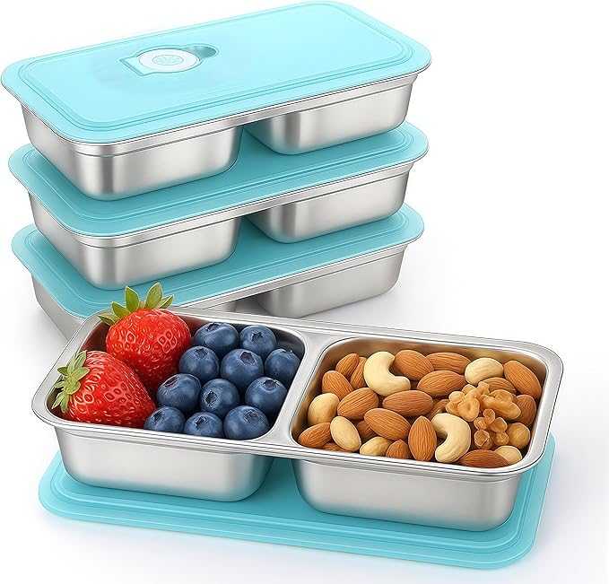 4Pcs 304 Stainless Steel Bento Boxes, 2 Compartments Portable Food Storage Containers Snack Boxes with Lids, Divided Meal Prep Lunch Box Food Container Dishwasher Safe