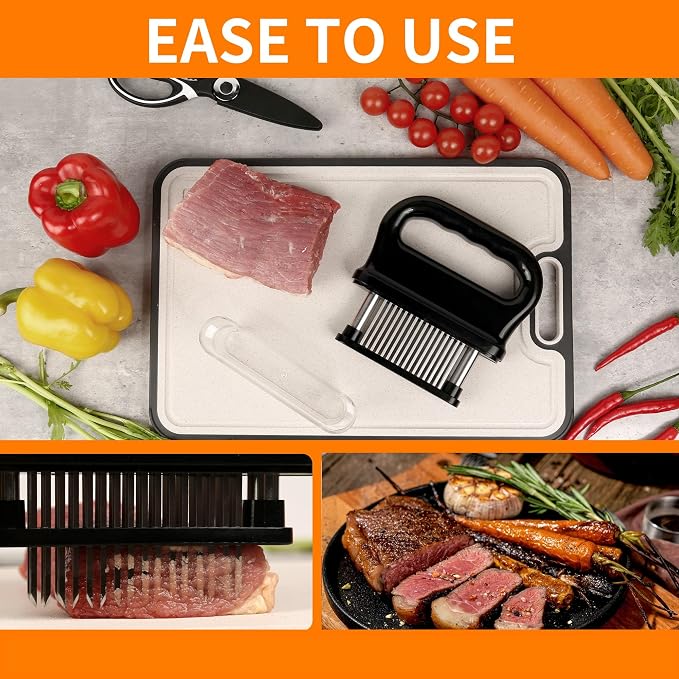 Chicken Shredder Tool Twist Large bundle with 48 Sharp Needle blade Meat Tenderizer, Kitchen Scissors, Brush (4 Items) - Heavy Duty Stainless Steel, Ergonomic, Anti-Slip, Dishwasher Safe & BPA Free