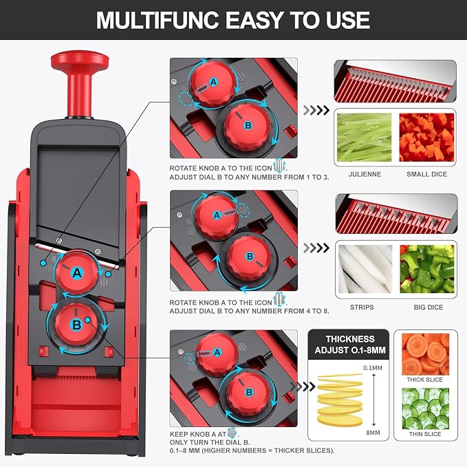 SUPMAKIN Safe Mandoline Slicer, Adjustable Vegetable Food Slicer and Chopper, Potato Fries Fry Cutter, Veggie Salad Chopper, New Kitchen Chopping Artifact Gifts (4V RED)