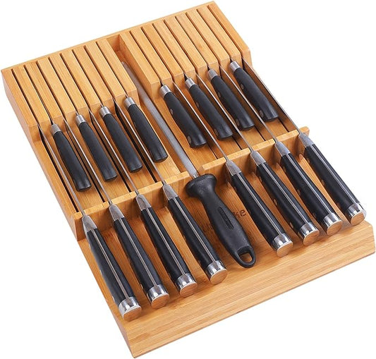 Utoplike In-drawer Knife Block Bamboo Kitchen Knife Drawer Organizer Large, Handle Steak knife Holder without Knives, Fit for 16 Knives and 1 Sharpening Steel (Knives & Sharpening Not Included)