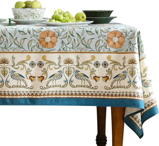 patdrea Designer French Linen Blue Tablecloth for Rectangle Table,Vintage Floral Table Cloth,Colorful Decoration Fall Cover Kitchen Dining for Thanksgiving,Tea Party,Christmas,63"x110"-Wensel