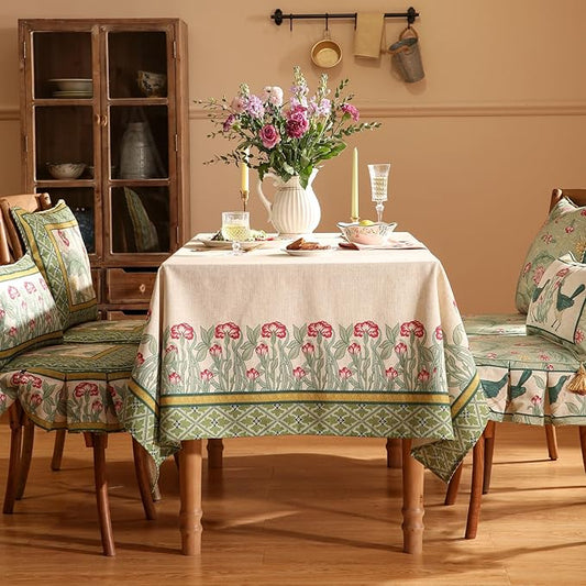 patdrea Designer Green Extra Long Tablecloth for Rectangle Table,Vintage Linen Leaves Pattern Table Cloth,Colorful Floral Cover Decor for Kitchen Dining Christmas Thanksgiving,67"x118"-Cecilia D