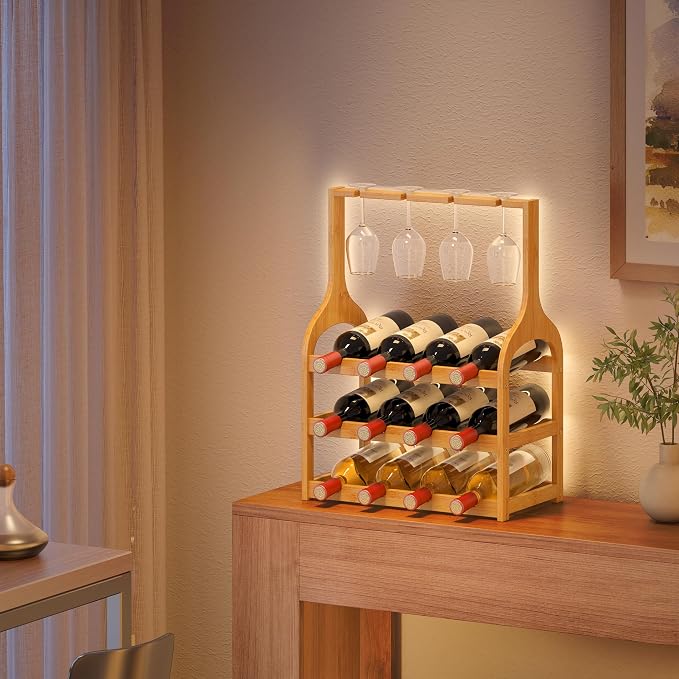 Bamboo Small Wine Rack Countertop, Freestanding Bottle Storage Holder | 12 Wine Bottles and 4 Glass Holder | Wooden Wine Storage Organizer Shelves for Kitchen Bar, Cellar, & Dining Room | Natural