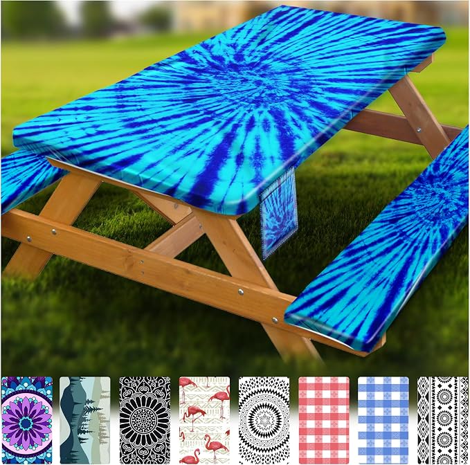 Fitted Picnic Table Cover with Bench Covers Vinyl Waterproof Elastic Edges Fitted Rectangle Tables Patio Tablecloth Camping Gear and Essentials Rv Accessories Road Trip Supplies Car Travel Must Haves