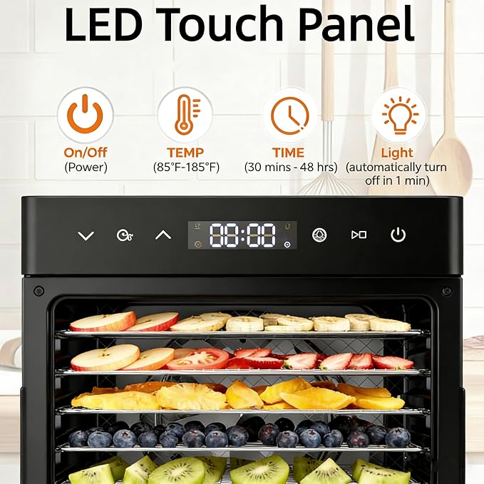 Simple Deluxe Food Dehydrator Machine, Fruit Dryer Machine with 8 Stainless Steel Trays, 24H Digital Timer 185°F Temperature Control, 500W Food Dryer for Jerky Meat Herb Fruit and Dog Treat, Black
