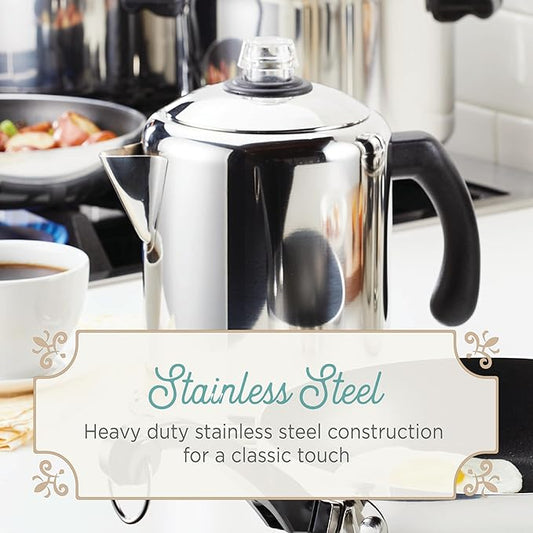 Farberware 47053 Classic Stainless Steel Yosemite 12-Cup Coffee Percolator, 12 Cup Coffee Maker, Silver