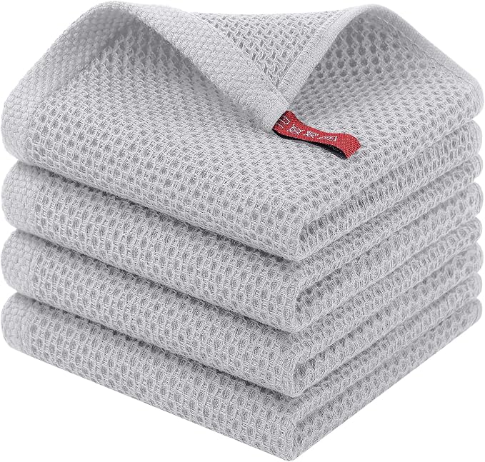 Homaxy 100% Cotton Waffle Weave Kitchen Dish Cloths, 4-Pack, Light Gray | 12 x 12 Inches, Ultra Soft Absorbent Dish Towels, Quick Drying Dish Rags with Hanging Loop