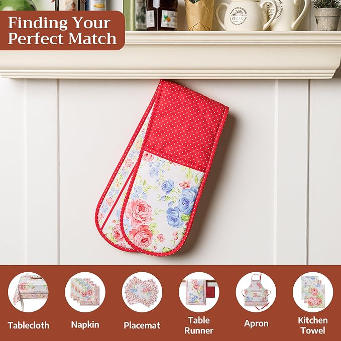 Maison d' Hermine Double Oven Mitts 100% Cotton Double Oven Glove (7"x35") | Heat Resistant BBQ Cooking Gloves with Loop Baking Grilling Kitchen Hotel Home Farmhouse Spring Summer - Vintage Floral