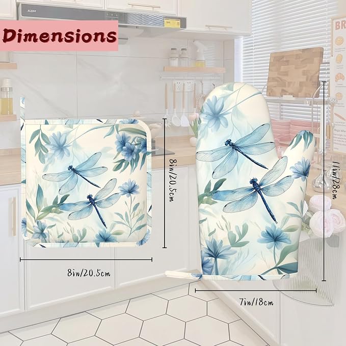 Vintage Dragonfly Silicone Oven Mitts and Pot Holders,Flower Plant Heat-Resistant 4 Piece Kitchen Set Non-Slip Oven Gloves and Hot Pads for Cooking, Baking, Grilling,BBQ