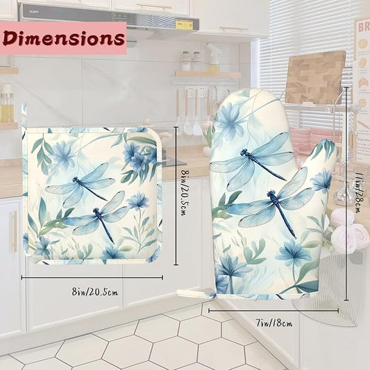 Vintage Dragonfly Silicone Oven Mitts and Pot Holders,Flower Plant Heat-Resistant 4 Piece Kitchen Set Non-Slip Oven Gloves and Hot Pads for Cooking, Baking, Grilling,BBQ
