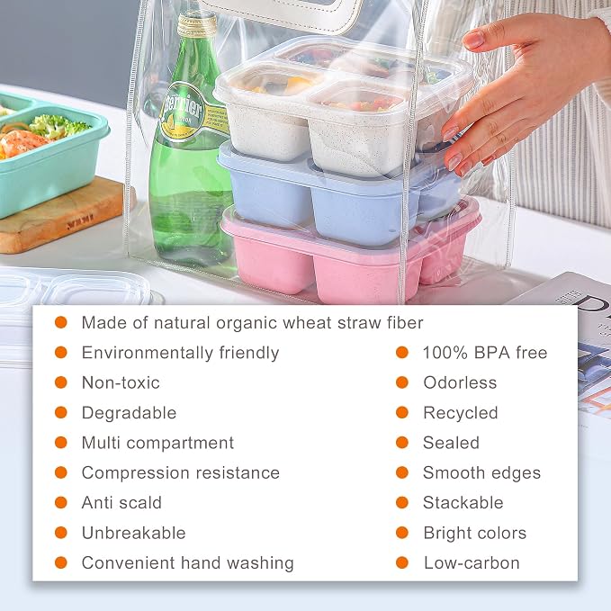 TOUWMX Bento Box For Kids, 4 Pack 3 Compartments Meal Prep Containers Reusable Lunch Containers, Food Storage Containers With Lids, Stackable Snack Boxes for School, Work, and Travel