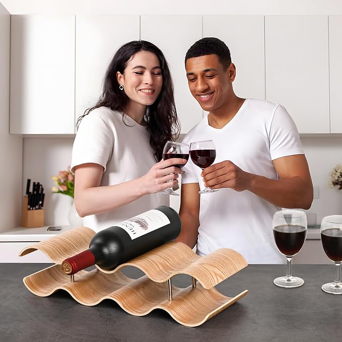 Countertop Wine Rack - 7 Bottle Freestanding Wine Bottle Holder Stand - 2 Tier Wooden Wine Storage Rack - Wavy Wine Organizer for Cabinet Pantry Home Kitchen Bar